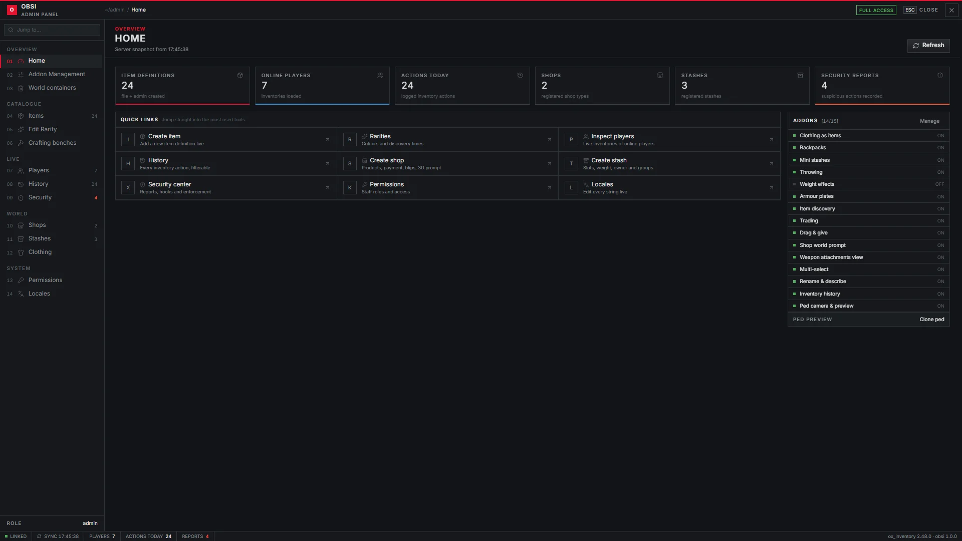 Admin panel home